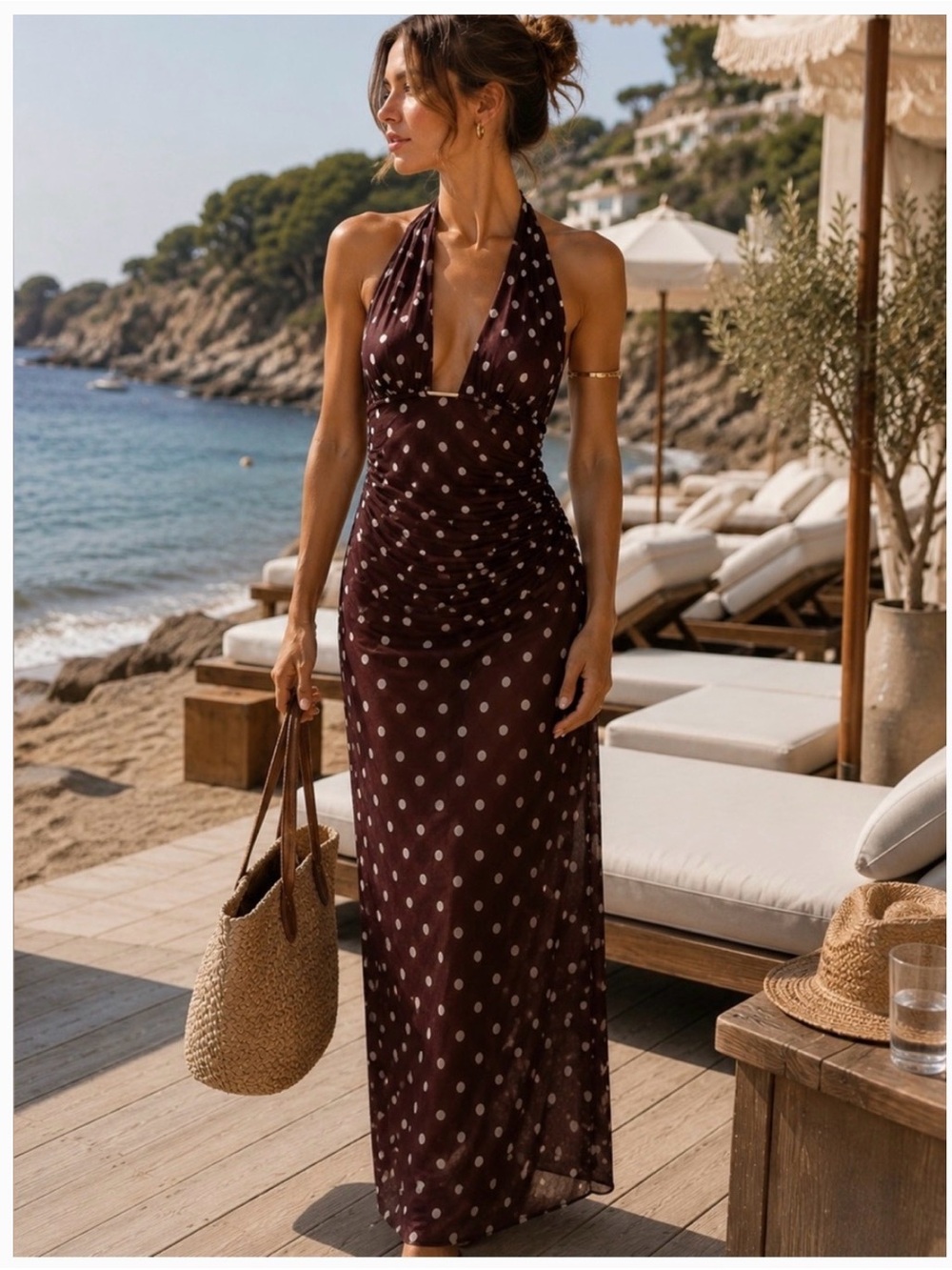 Caroline Constas Brown Polka Dot Halter Cover Up Maxi